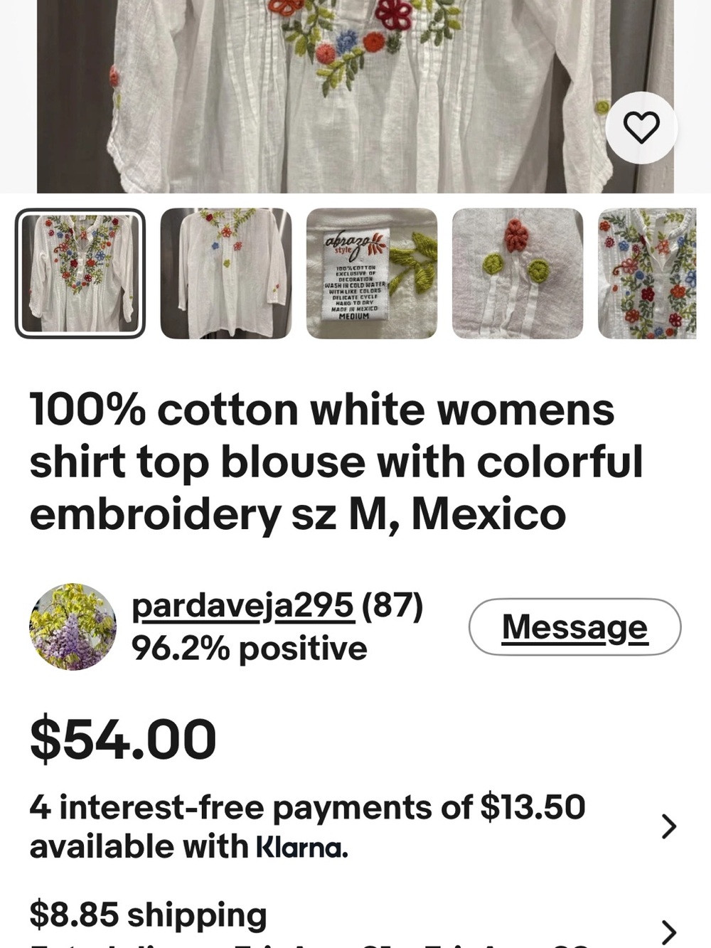 Sundance White Tunic with Multicolor Floral Embroidery Size Medium EUC - Picture 4 of 6